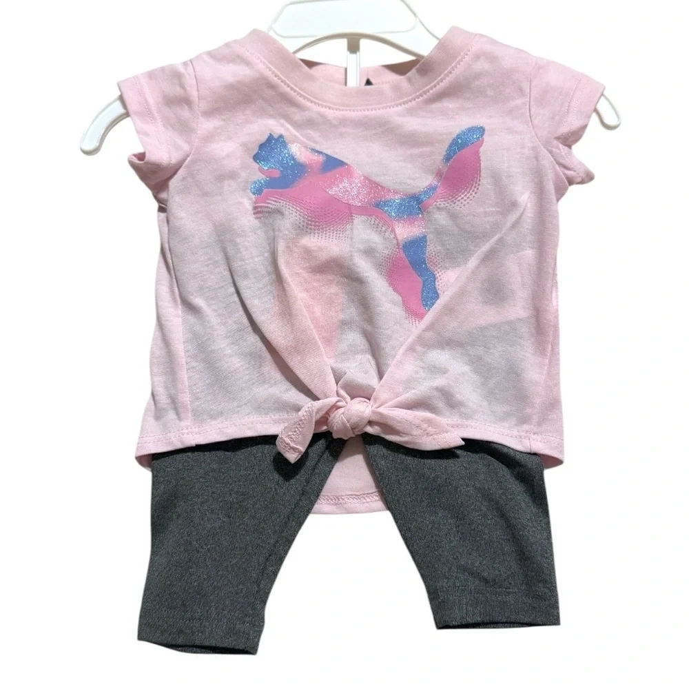 PUMA Baby Girls 2-Piece Outfit Set 0-3M Pink Glitter Logo Top & Capri Leggings - Picture 3 of 9
